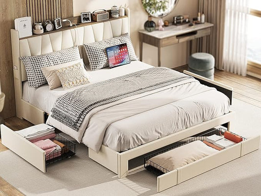ANCTOR Queen Bed Frame with 3 Drawers, Upholstered Platform Bed with Storage Headboard and Charging Station, No Box Spring Needed, Easy Assembly, Beige