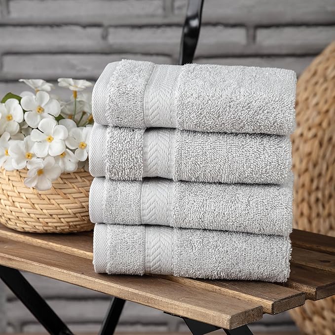 TEXTILOM 100% Turkish Cotton 4 Piece Luxury Washcloth Towel Set for Bathroom & Kitchen, Thick & Super Soft & Highly Absorbent & Quick Dry for Face and Hand- Light Grey