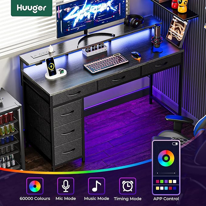 Huuger Gaming Desk with 6 Drawers, Computer Desk with LED Lights Power Outlets and Type-C, 47 Inch Office Desk with Storage, Monitor Stand, Writing Desk Work Desk for Home Office, Bedroom, Study, Grey