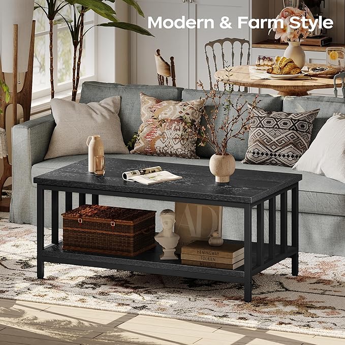 Coffee Table for Living Room with Slatted Sides Frame, Modern Farmhouse Living Room Table with 2-Tier Storage Shelf for Home Office, Apartment, 39 inch, Black