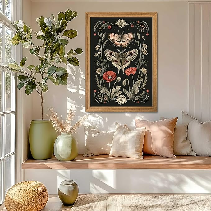 Vintage Framed Wall Art - 3D Textured Classical Style Moth Pictures Wall Decor - Hand Drawn Flowers Nature Art Painting for Living Room Bedroom Home Decor 24x36in