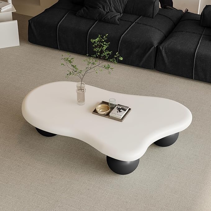 47 Inch Cloud Shaped Coffee Table with 3 Ball Legs for Living Room White Top Black Legs