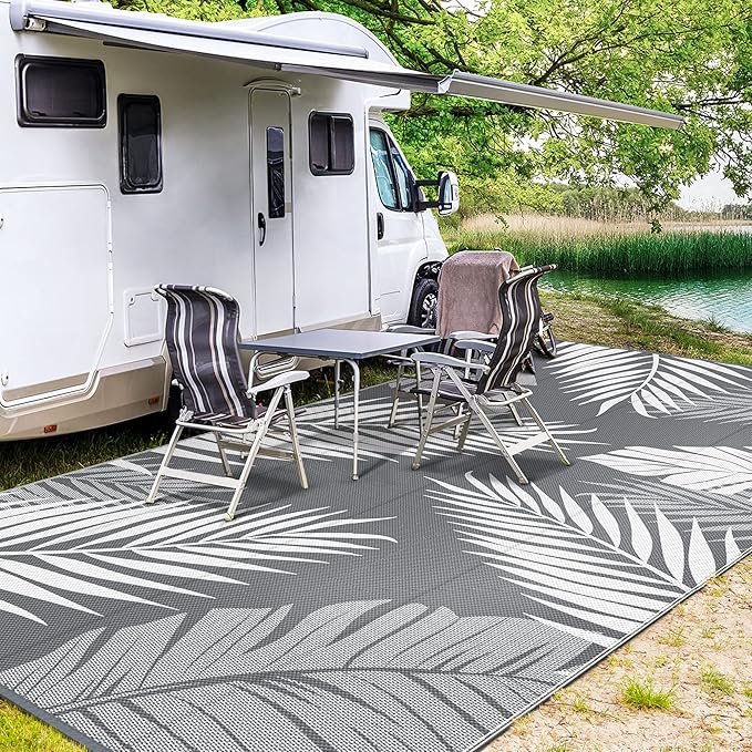 GENIMO Outdoor Rug 10' x 14' Waterproof for Patios Clearance, Reversible Outdoor Plastic Straw Camping Rug Carpet, Large Area Rugs Mats for RV, Camper, Deck, Balcony, Porch, Beach, Picnic, Grey&White