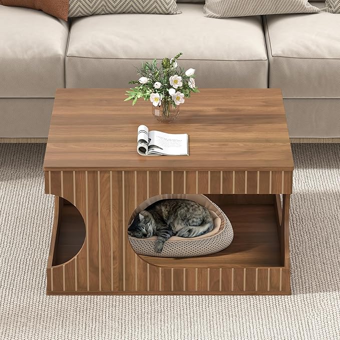 31.5" Square Coffee Table with Storage, Mid-Century Modern Center Table with Arched Cutouts and Carved Lines, 2-Tier Tea Table for Living Room, Cat-Friendly Base (Walnut)