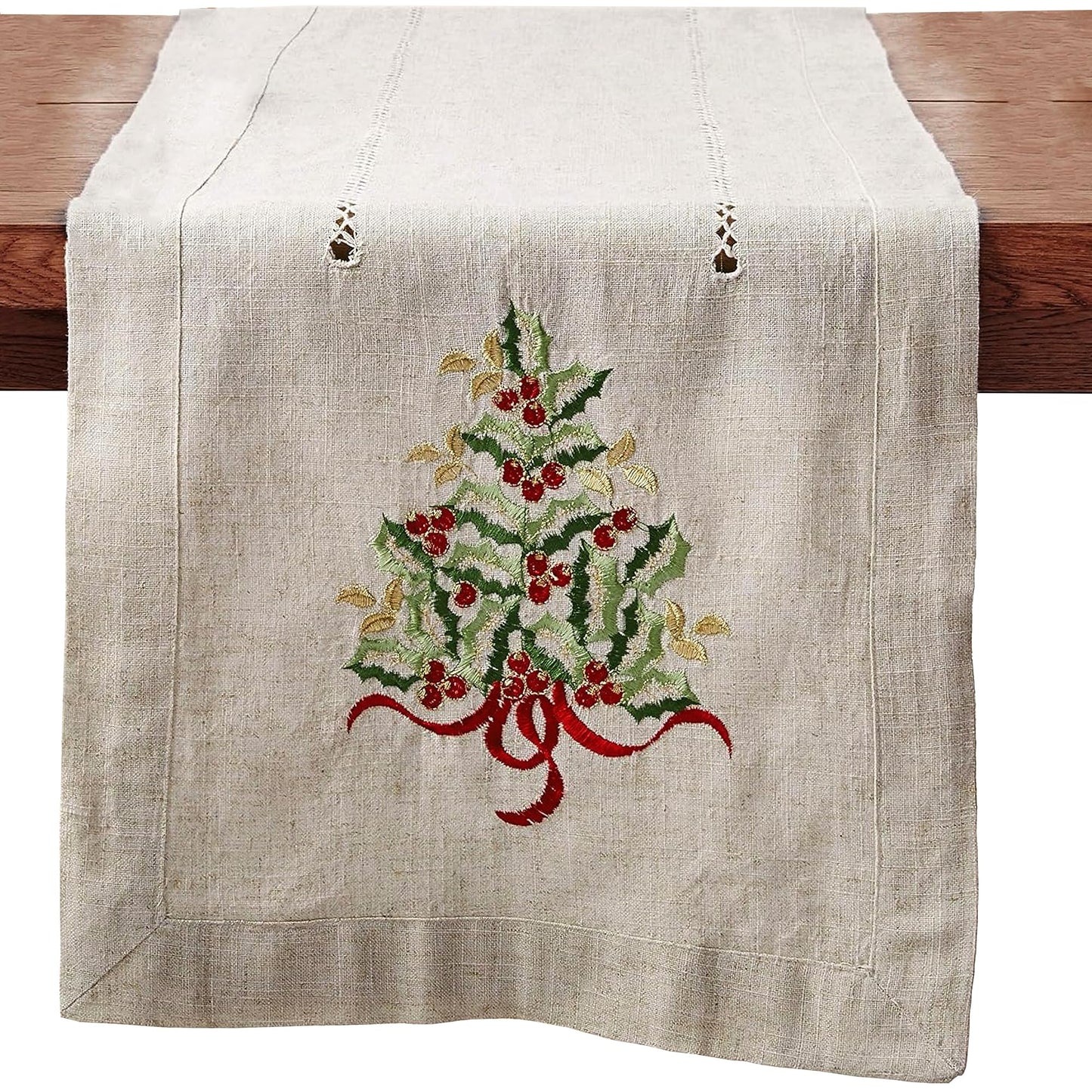 SARO LIFESTYLE 60041.N1654B Holly Collection Christmas Tree Embroidered Table Runner, 16" x 54", Natural