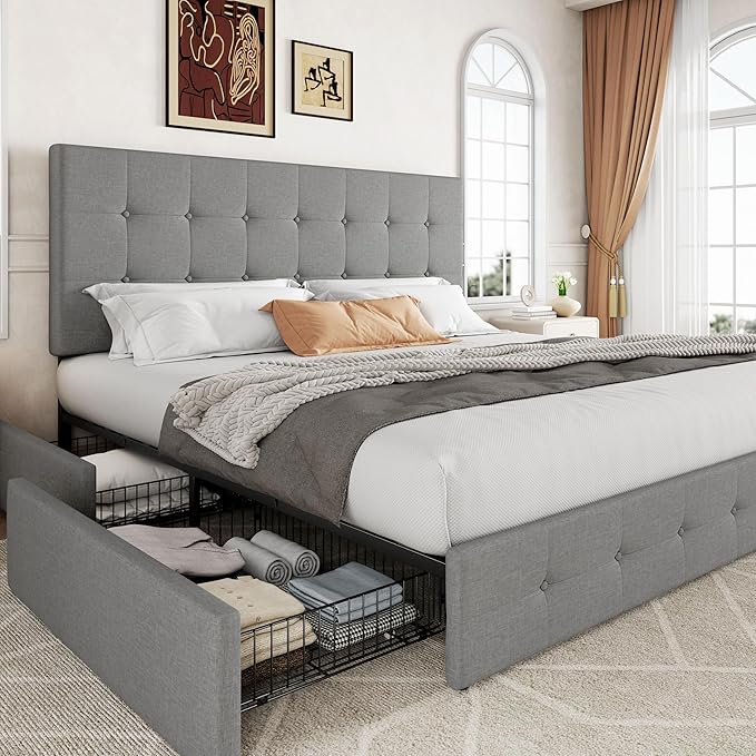 Allewie Upholstered King Size Platform Bed Frame with 4 Storage Drawers and Headboard, Square Stitched Button Tufted, Mattress Foundation with Wooden Slats Support, No Box Spring Needed, Light Grey