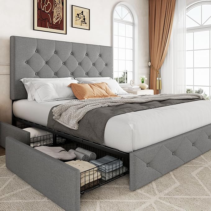 Allewie Upholstered Queen Size Platform Bed Frame with 4 Storage Drawers and Headboard, Diamond Stitched Button Tufted Mattress Foundation with Wooden Slats Support, Light Grey