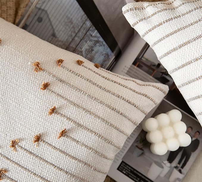 Caflife Boho Throw Pillow Covers 12x20 Set of 2 Decorative Pillows for Bed, Neutral Pillow Covers Beige with Brown Line Throw Pillows for Modern Farmhouse Couch Sofa Living Room Outdoor