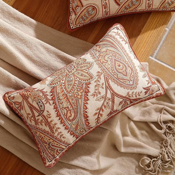Design Linen Classic Vintage Throw Pillow Covers 12"x20" Pack of 2, Rectangle Cushion Covers with Orange Yellow Paisley Style Pattern Decor Pillowcases for Bed,Living Room,Outdoor,Car