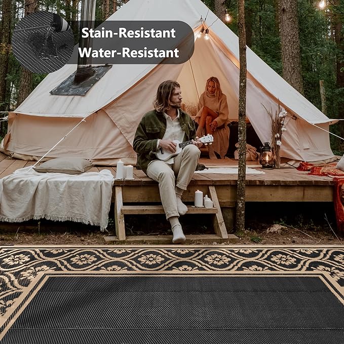 Outdoor Rug 8x10 Patio Waterproof Mat Camping Carpet Outside Area Rug Reversible Brown Rugs for RV Deck Entryance Porch Picnic Balcony Beach