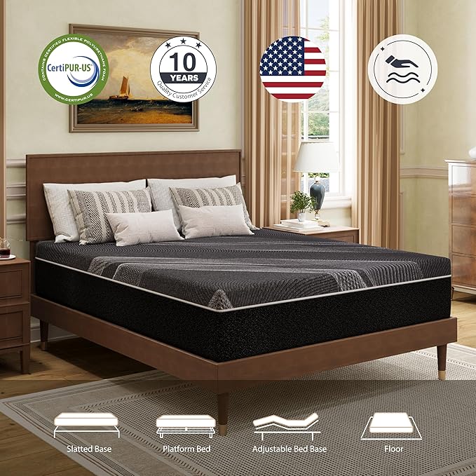 Full Mattress 10 Inch Charcoal Memory Foam in a Box, CertiPUR-US Certified Fiberglass Free, Gel Double Mattress, Made in The USA of US Foam, 75" × 54" × 10", Medium