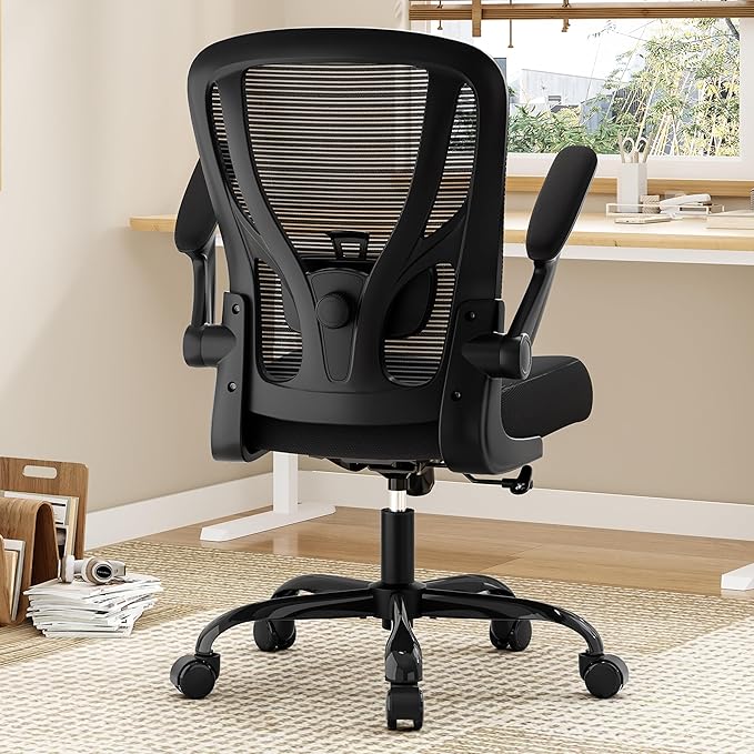 Office Chair Ergonomic Desk Chair - Mesh Computer Chair Breathable Task Chair with Wheels Adjustable Lumbar Support Home Desk Office Chairs with Flip up Armrest Executive Rolling Swivel Black