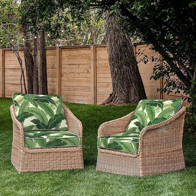 Outdoor Deep Seat Cushions Set 24 x 24 Inch for Patio Furniture,Water Resistant Chair Cushions Replacement Includes Seat Cushion & Back Pillow for Sofa, Wicker Chair - Swaying Palms Green