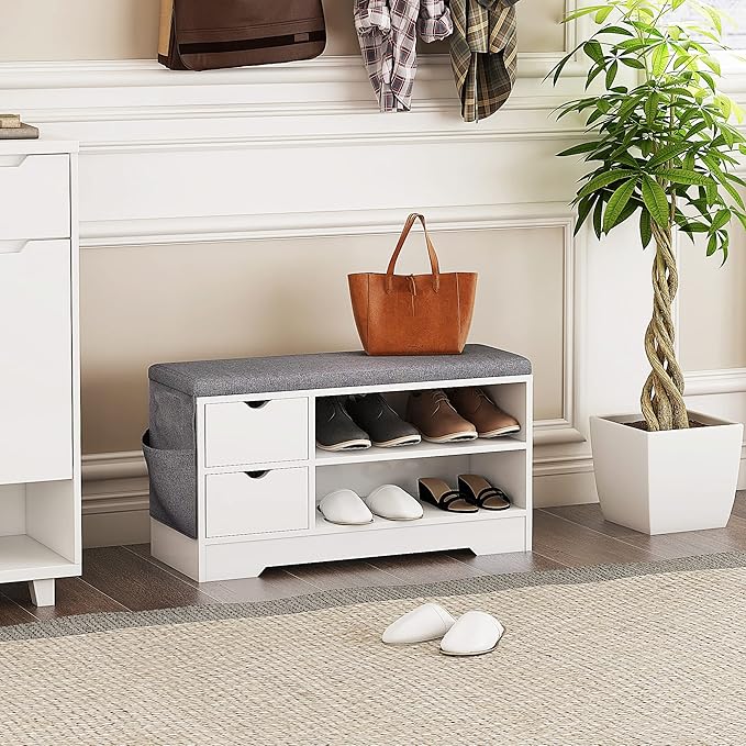 WelFurGeer Shoe Bench with Cushion, Entryway Bench with Storage, Shoe Bench Entryway with Storage, Shoe Rack with Bench White