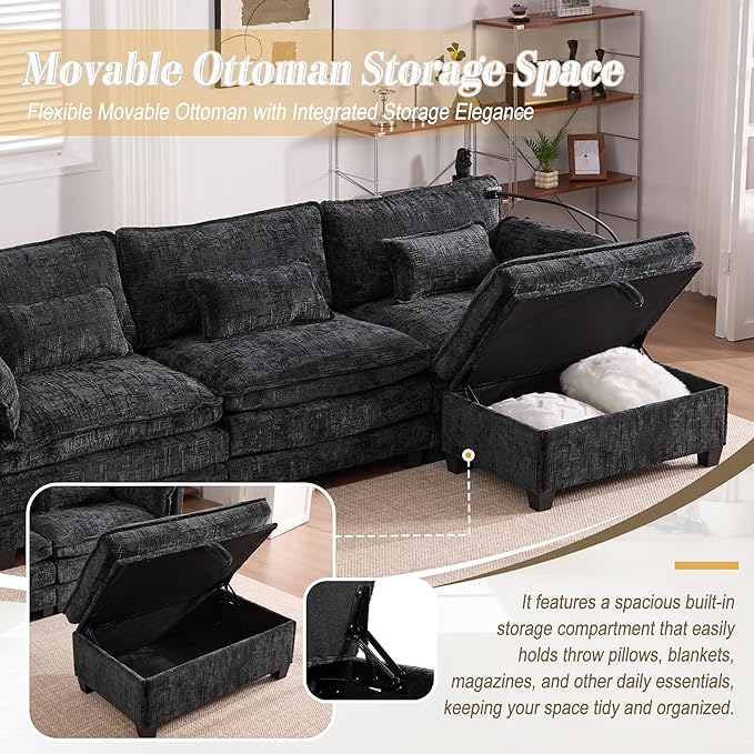 KEIKI 110" L-Shaped Boucle Modular Sectional Chenille Sofa with 1 Ottoman & Memory Foam Cushion & Phone Holder & USB, Upholstered Modern Oversized 4-Seater Couch, Easy Assembly, for Living Room, Black