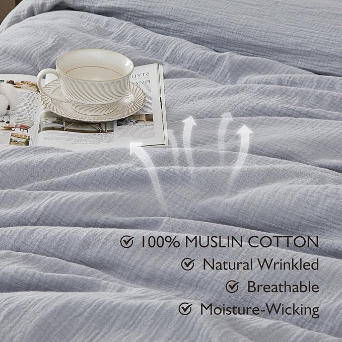 EMME Muslin Cotton Duvet Cover Set Light Grey Queen Size Linen Like Soft Breathable Lightweight Summer Comforter Cover Set with Zipper Closure (Light Grey, Queen, 90"x90")