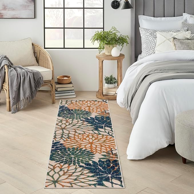 Nourison Home Aloha Indoor/Outdoor Blue Green 2'3" x 8' Area Rug, Easy Cleaning, Non Shedding, Bed Room, Living Room, Dining Room, Backyard, Deck, Patio (2x8)