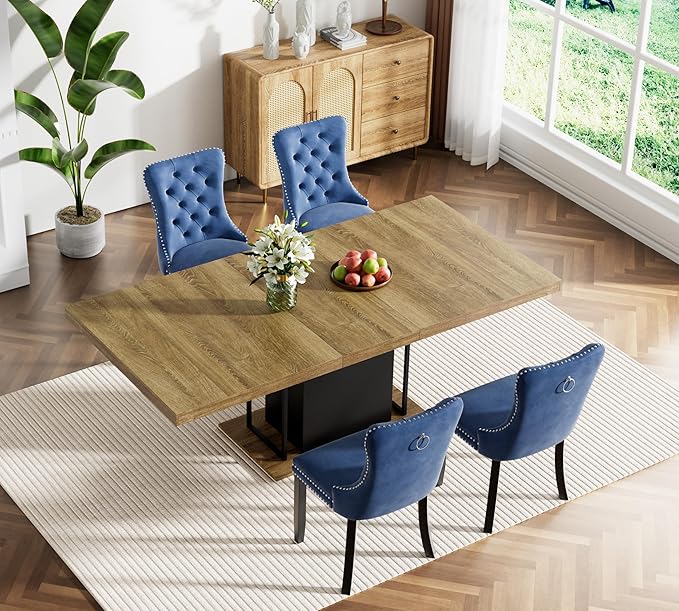 Goujxcy 78.7" Farmhouse Extendable Dining Room Table Set for 4, 5-Piece Rectangle Kitchen Dining Room Table Set with Wood Base and 4 Blue Velvet Dining Chairs, Extending Kitchen & Dining Table Set