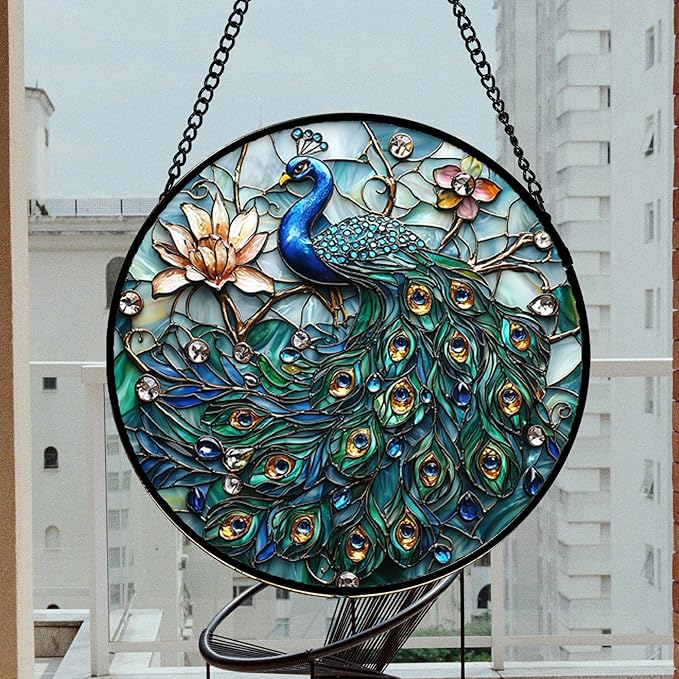 Stained Glass Window Hanging, Blue Peacock Decoration Suncatcher for Door Garden Home Flower Bird Sun Catchers Christmas Mother's Day Birthday Gifts for Women Men Mom Nana Friend 14.9 in