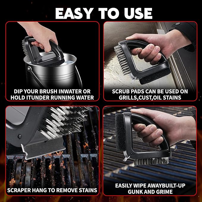 4-in-1 Grill Brush [Bristle-Free Sponge Pad & Wire] Combined BBQ Brush,Ultra Safe & Heavy-Duty Grill Cleaner for Outdoor Grill Grill Brush and Scraper Grill Accessories Gifts for Men/Dad