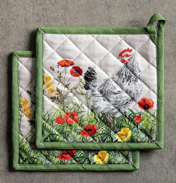 Maison d' Hermine Pot Holders Set 100% Cotton Heat Resistant Potholders 8" x 8" Hot Pads with Loop BBQ, Cooking, Baking, Grilling, Kitchen, Handling Hot Pans Spring/Summer (Pack of 2, Basse Cour)