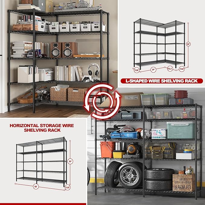 REIBII1450LBS Metal Shelving Unit Storage Shelves 5 Tier Wire Shelving 58.1''W Pantry Shelves Wire Shelf Adjustable Garage Shelving Heavy Duty Storage Rack for Pantry Kitchen Garage, Black