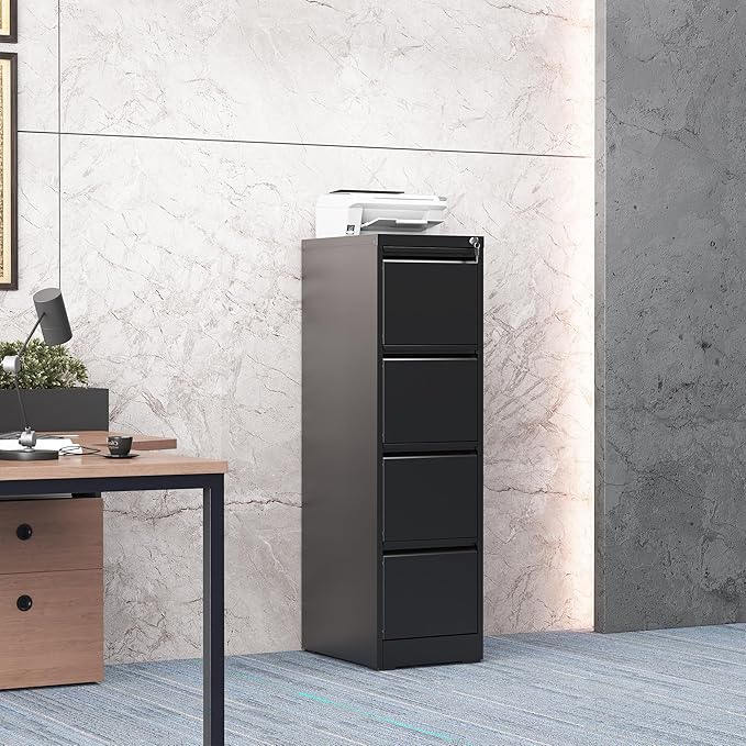 4 Drawer File Cabinet with Lock, Steel Vertical Filing Storage Cabinet for Home Office, Heavy-Duty File Cabinets for Letters/Legal/A4 (Require Assembly, Black)