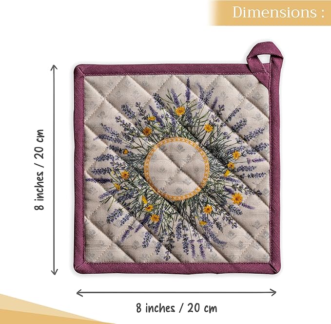 Maison d' Hermine Pot Holders Set 100% Cotton Heat Resistant Potholders 8" x 8" Hot Pads with Loop BBQ, Cooking, Baking, Grilling, Kitchen, Handling Hot Pans Spring/Summer (Pack of 2, Fanny Lavender)
