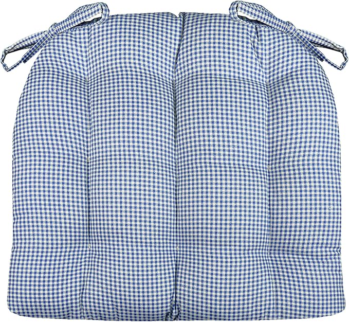 Barnett Home Decor Madrid Dark Blue Dining Chair Pad with Ties - 19 x 19 Size Large Chair Cushion - Latex Foam Fill - Machine Washable, 100% Cotton, Made in USA (Blue Gingham)