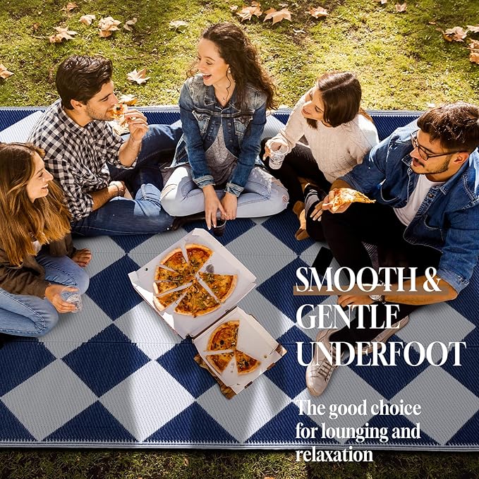 OMERAI Reversible Waterproof Outdoor Rug for Backyard,Plastic Textured Resistant Outdoors Rugs,Portable Washable Easy Cleaning Foldable Camping Beach Carpet for Patio Courtyard, 5'x8' Blue & White