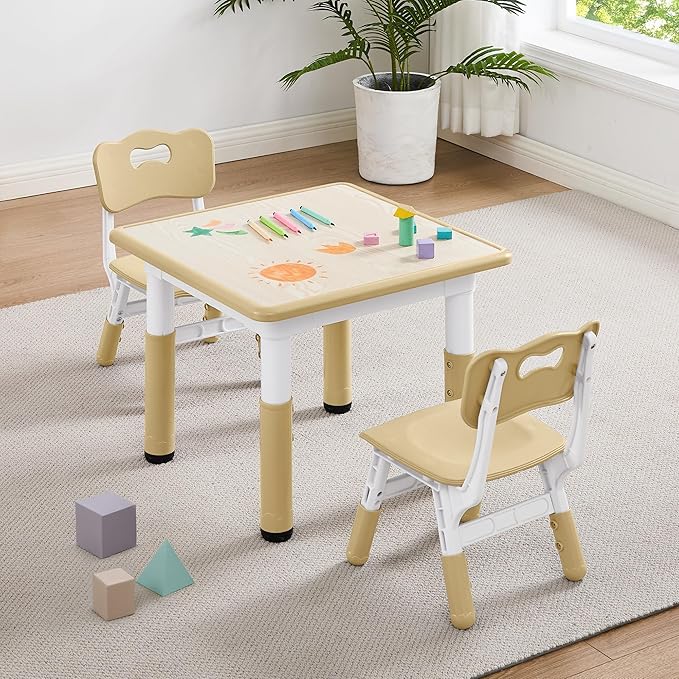 Adjustable Kids Table Chairs Set – Graffiti Desktop, Multi-Activity Height-Adjustable Toddler Study Desk for Ages 3-8 – Ideal for Home, Classroom, Daycare (W-Brown, 2 Chairs-23.6" L x 23.6" W)