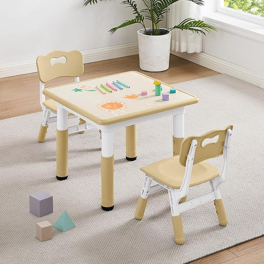 Adjustable Kids Table Chairs Set – Graffiti Desktop, Multi-Activity Height-Adjustable Toddler Study Desk for Ages 3-8 – Ideal for Home, Classroom, Daycare (W-Brown, 2 Chairs-23.6" L x 23.6" W)