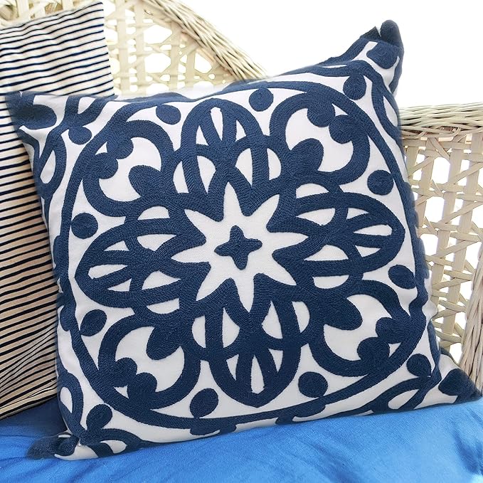 Alysheer Embroidered Decorative Throw Pillow Cover 18x18 inch, Cozy Warm Boho Mandala Chic Knit Pattern Durable 100% Cotton Canvas Cushion Case for Sofa Couch Living Room Bedroom Gifts (Navy Blue)