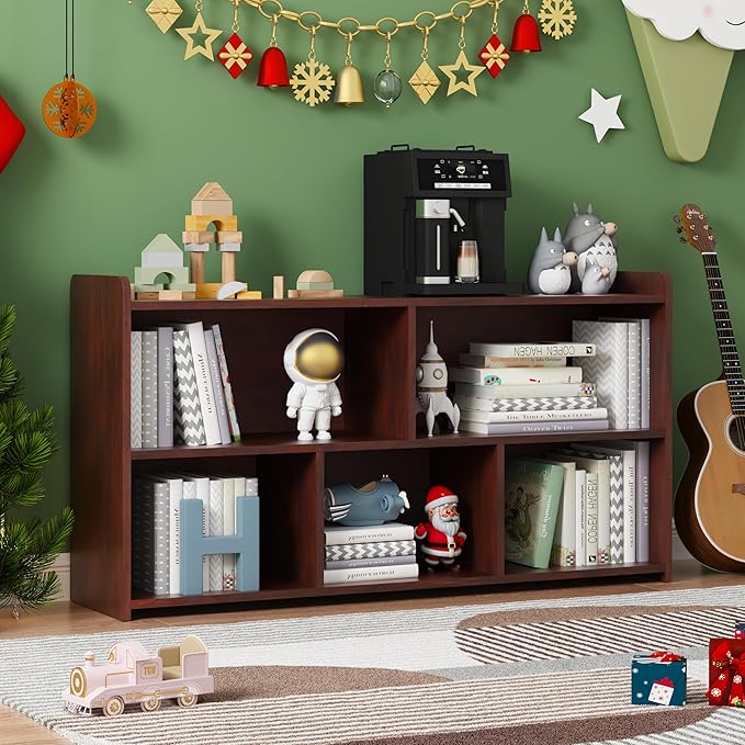 Kids Book Shelf Set of 2, 5 Cubes Storage Organizer Montessori Shelf, Wooden Kids Bookcase, Toy Storage Organizer for Children, Cherry Toddler Bookshelf Cube Shelf for Kid’s Room, Classroom