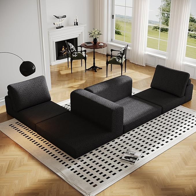 Cloud Modular Sectional Sofa, DIY Combination Modular Couch for Living Room, Unique Knitted Fabric Love Seat Couches with 2 Pillows, 2 Seater Comfy Sectional Couch with No Assembly (Black)