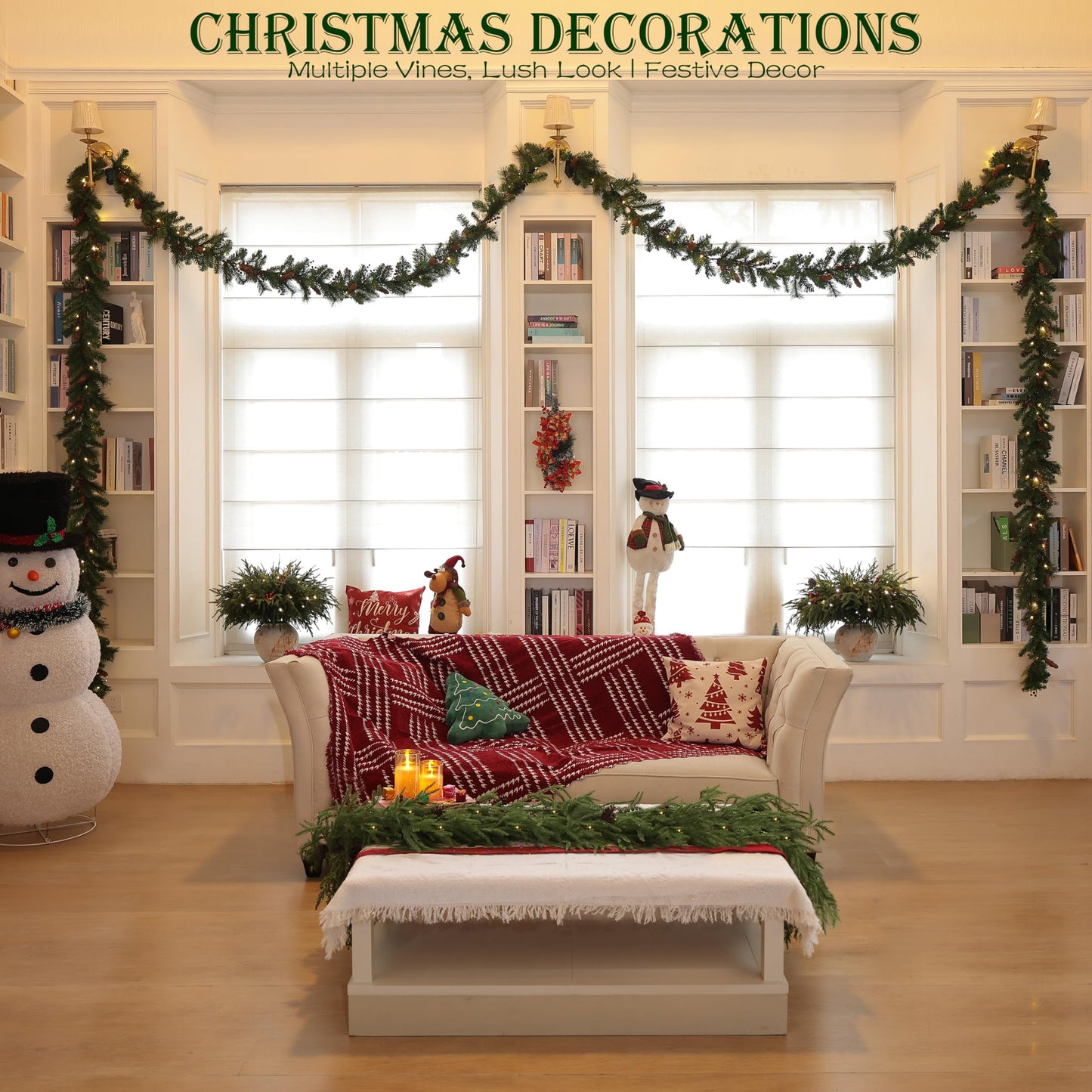 WHANLEY L&Q 20-Piece Set 23" Christmas Norfolk Pine Branches with Lights - Battery Operated Christmas Decorations - Warm Lights -Norfolk Pine Stems for Xmas DIY Crafts Garland Wreath- Christmas Decor