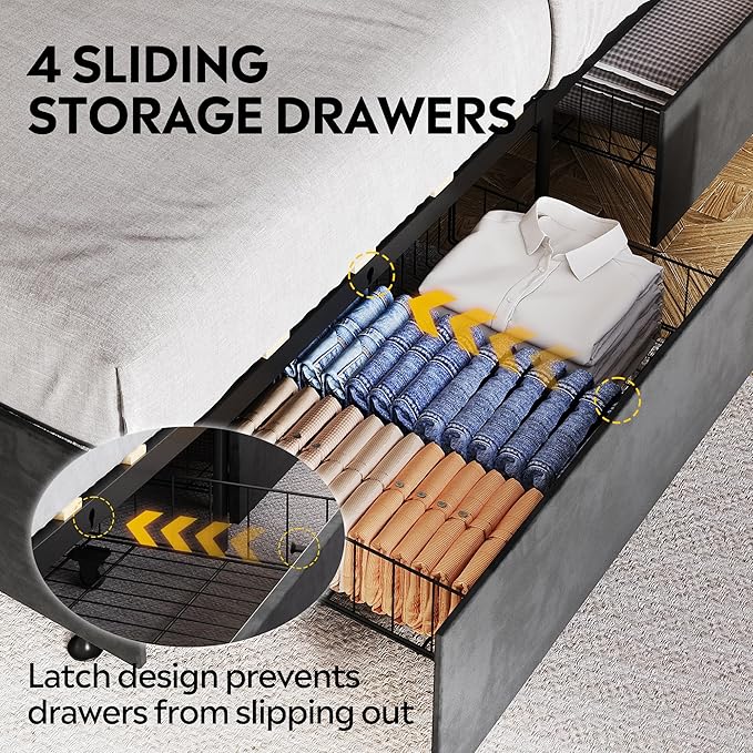 WLIVE King Size Upholstered Bed Frame with 4 Drawers and Velvet Square Tufted Headboard, Sturdy Metal & Wooden Slats Support, No Box Spring Needed, Easy Assembly, Black