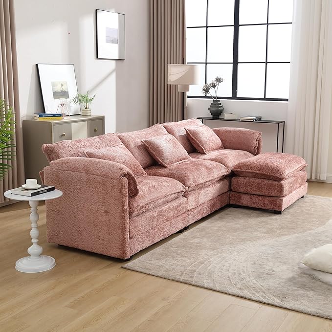 KEIKI 112" L-Shaped Chenille Modular Sectional Chenille Sofa with 1 Movable Ottoman & Memory Foam Cushion, Upholstered Oversized 4-Seater Couch, Easy Assembly, for Apartment, Living Room, Pink