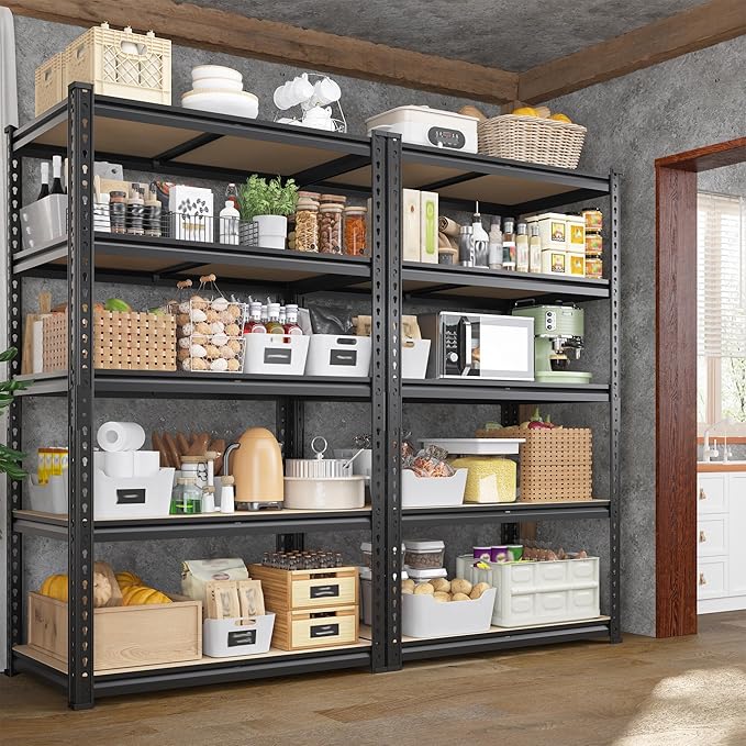 Set of 2 Storage Shelves, 27.7"W Metal Shelving 2010LBS Garage Shelving Heavy Duty Garage Shelves Adjustable Metal Shelf for Pantry Kitchen Closet Basement Warehouse 11.9"D × 27.7"W × 60"H