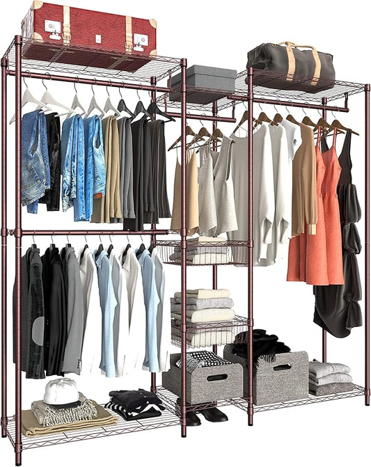 XIOFIO 6 Tiers Heavy Duty Garment Rack,Clothing Storage Organizer, Metal Clothing Rack,Clothing Rack with Hanging Rod,Adjustable Shelf and Fixed Baskets,60.7"L x 15.7"W x 70.5"H Max Load 720LBS,Bronze