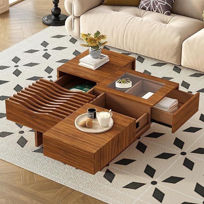 WILLIAMSPACE 33" Square Coffee Table with 3 Drawers, Modern Unique Wooden Center Table with Tempered Glass and Solid Wood Legs, Storage Accent Side End Table for Living Room Apartment, Walnut