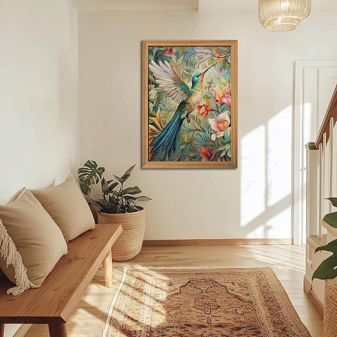 Framed Vintage 3D Textured Wall Art - Colorful Hummingbird Floral Wall Decor - Hand Painted Sandstone Nature Botanical Picture for Living Room Bedroom Home Decor 24x36 inch