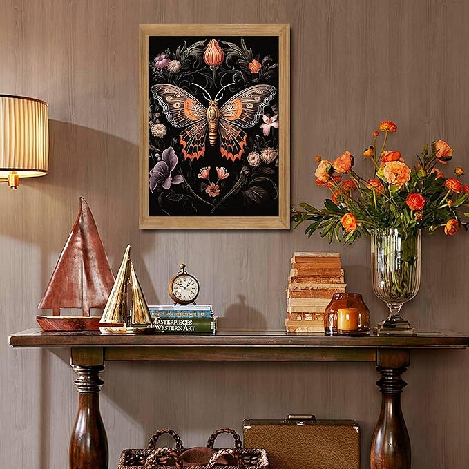 Framed Vintage 3D Textured Wall Art - Gothic Butterfly Wall Decor - Hand Drawn Sandstone Nature Botanical Pictures for Living Room Bedroom Home Decor 12x16in