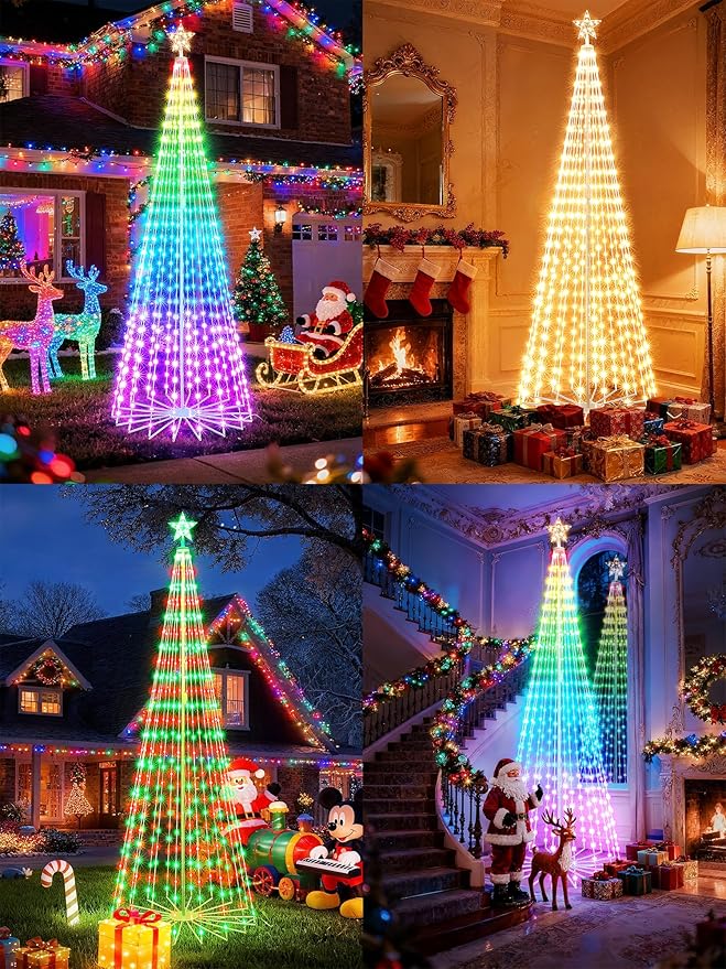Flacchi 9.8FT Smart Christmas Tree Lights - Star Tree Topper with Removable Bracket, App Control, Sync with Music, Waterfall Colored Lights for Indoor Outdoor Xmas Decorations (9.8FT/ Rope Lights)