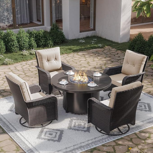 Kurapika 5 Pieces Patio Furniture Set, Rattan Wicker Outdoor Conversation Sets, 4 Woven Rattan Swivel Chairs w/48in Propane Fire Pit Table and Thickened Cushions, Sand