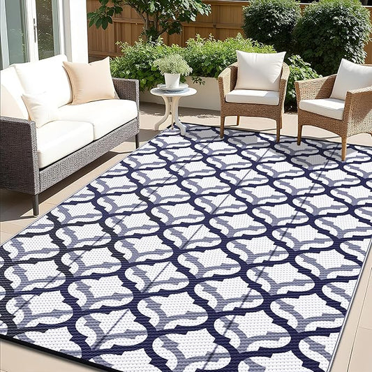 OLANLY Reversible Outdoor Rug 6x9 ft Clearance, Waterproof Outdoor Plastic Straw Rug with Interlacing Pattern, RV Mat for Patio, Camping, Balcony, Deck, Backyard, Navy & White