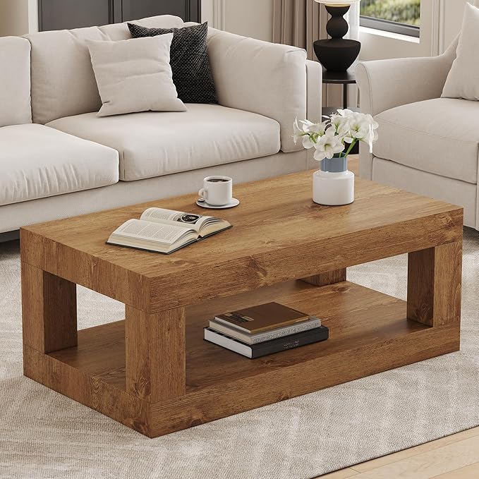 39.37" Coffee Table with Storage, 2-Tier Mid Century Rectangular Accent Table with Thick Tabletop, Rustic Style Cocktail, Center Table for Living Room, Office, Apartment (Natural Wood)