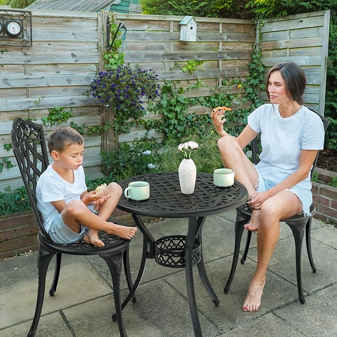 NUU GARDEN 3-Piece Patio Bistro Set Outdoor Cast Aluminum Bistro Table and Chairs Set of 2, Outdoor Patio Bistro Set with Umbrella Hole for Patio Balcony, Black