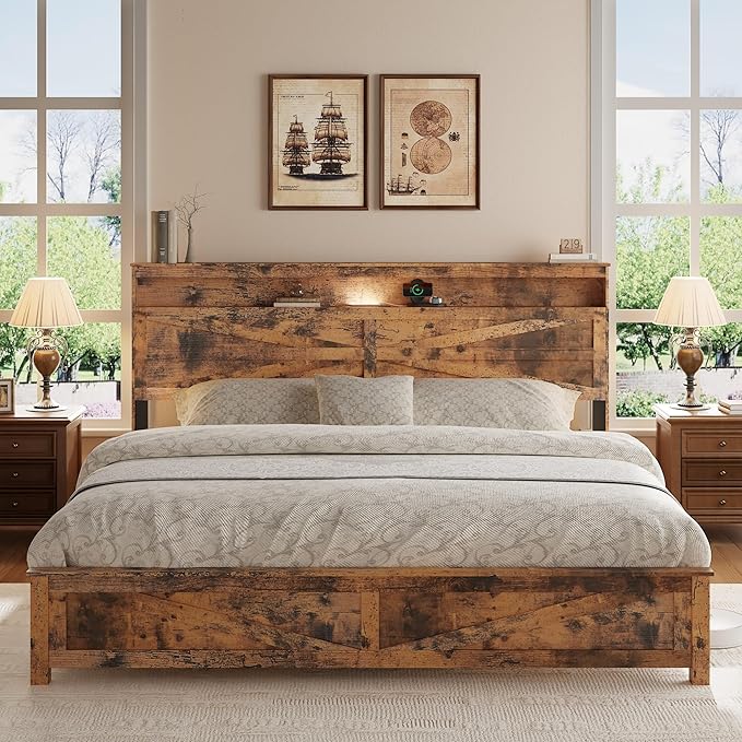 Farmhouse Wooden Bed Frame King Size with Storage Headboard, Boho Platform Bedframe with LED Lights and Charging Station, Metal Slats Support, No Box Spring Needed, Brown