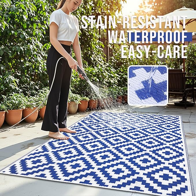 OLANLY Waterproof Outdoor Rug 5x8 ft, Outdoor Plastic Straw Rug for Camping, RV Mat Outside, Outdoor Carpet for Porch, Deck, Backyard, Balcony, Picnic, Blue & White
